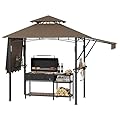 Garvee 8x5 Grill Gazebo Outdoor BBQ Canopy, Double Tier Patio Grill Shelter with Adjustable Dual Side Awnings, 2 Handy Shelves, Hooks & Ceiling Light Hook, Heavy Duty Steel Frame for Backyard-Coffee