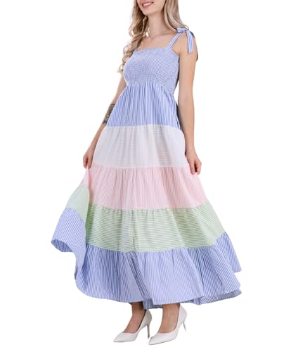 Image of chouyatou Women's Color Block Striped Smocked Maxi Dress Sexy Spaghetti Strap Tiered Flowy Beach Maxi Dress