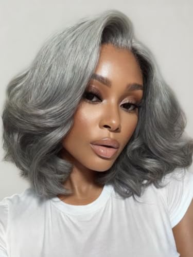 Image of Beauty Forever Salt and Pepper Layered Bob Wig Human Hair 6.5x5x1.5 Side Part Minimalist Lace Glueless Grey Wig with Face-Framing Layers Shoulder Length Outward Flip Ends Pre Cut Wear Go Wig 8inch