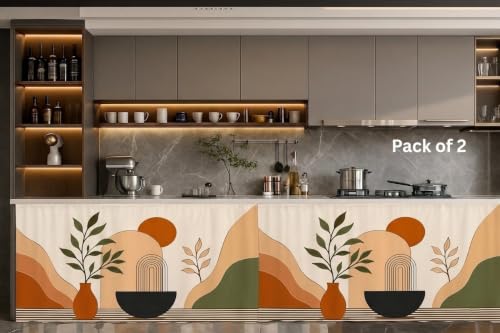 Image of Under Sink & Counter Curtain for Modular Kitchen - Printed Fabric Rod Pocket Hanging Skirt, Washable Under-Counter Cover, Pack of 2 Panels (Each Panel: 150 x 70 cm) (Bowl)