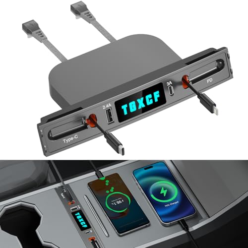 TGXCF Cargador rápido USB para coche 2024 Modelo Y Modelo 3 Accesorios, 27 W de carga rápida multifuncional Hub USB para Tesla 2021 2022 2023, con cable retráctil de 2.8 pies, adaptador de consola