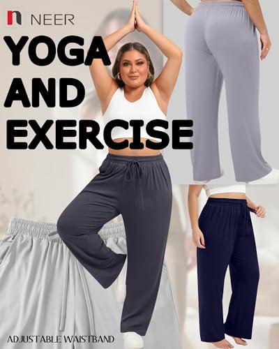 Neer 4 Pack Women's Plus Size Sweatpants Wide Leg Elastic Waist Loose Fit Lounge Pants Drawstring Jogger with Pockets3