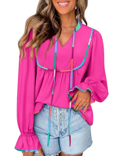 LOOKBOHO Womens Tops Dressy Casual Baby Doll Tops Puff Long Sleeve Pleated V Neck Fall Tunic Blouse Cute Tie Front Shirts L Rose Red
