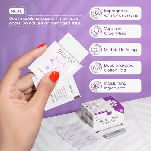 Image of GELLEN Acetone Gel Polish Remover Pads, 200 Pack Individually Wrapped | Travel Bulk Set with Tools, Quick & Effective Removes Gel & Regular Nail Polish, Professional Soak-Off Remover for Salon Home