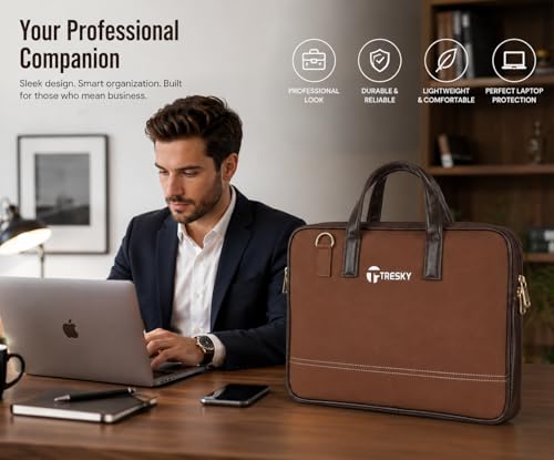 Image of Laptop Bag for Men, Brown, Faux Leather Trim, Multiple Compartments, Professional Briefcase