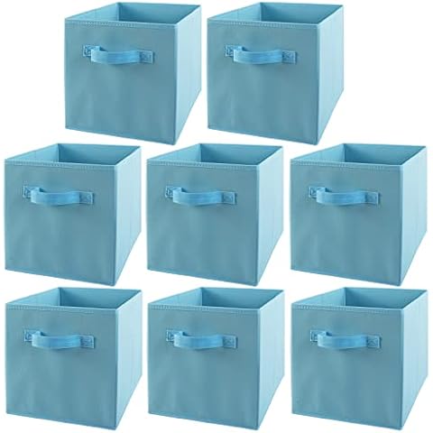 LONENESSL Foldable Storage Boxes with Handle, Set of 8 Fabric Collapsible Storage Cubes 27 x 27 x 28cm, Open Storage Bins Square Organiser Boxes for Toys Clothes and Books Organisation - Blue Cover