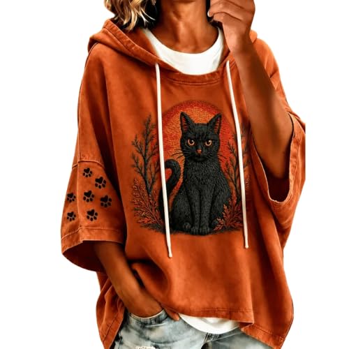 Halloween Hoodies for Women Fall Funny Black Cat Pumpkin Print 3/4 Sleeves Crewneck Casual Sweatshirts - image 1