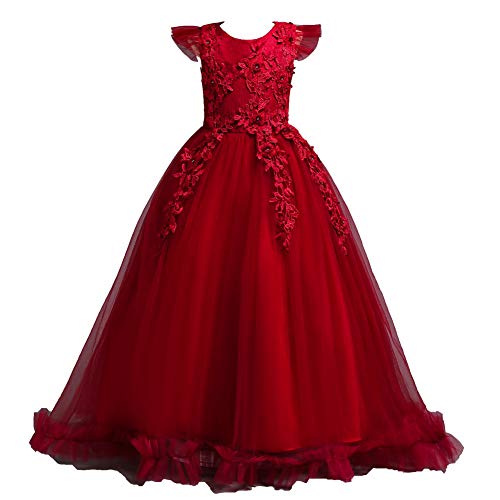 Valin Blumensmädchenkleid Prinzessin Kleid Rot Festliches Kinderkleid Ohne Arm Spitze Tüll Party Festliche Hochzeit Kleid 13-14 Jahre,V833