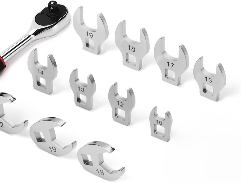10-Piece Metric Crowfoot Wrench Set, 3/8" Drive Open End Spanner Set, 10-22mm with Clip-on Organizer, Chrome Finish for Automotive Repair