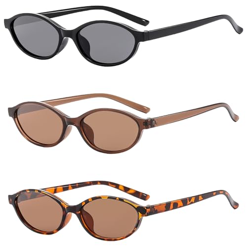 AYNKH 3 Pièces Lunettes de Soleil Ovales Vintage Femme des années 90 RétroTrendy Chic Petit Visage Lunettes étroites Cateye Lunette de Soleil pour Femme et...