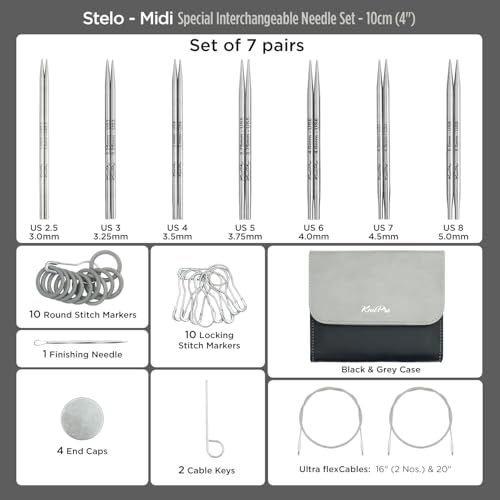 Image of KnitPro Stelo Midi Special Interchangeable Needle Set 4 inch (10cm) | 7 US Sizes (2.5 to 8)
