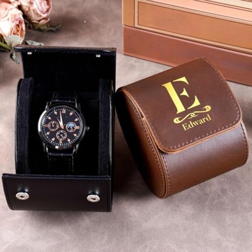 MFCHICIFY Étuis de montre de voyage personnalisés pour hommes, boîtes de montre gravées personnalisées, organisateur de rouleaux de boîtier de montre pour papa, grand-père, fabriqué à la main