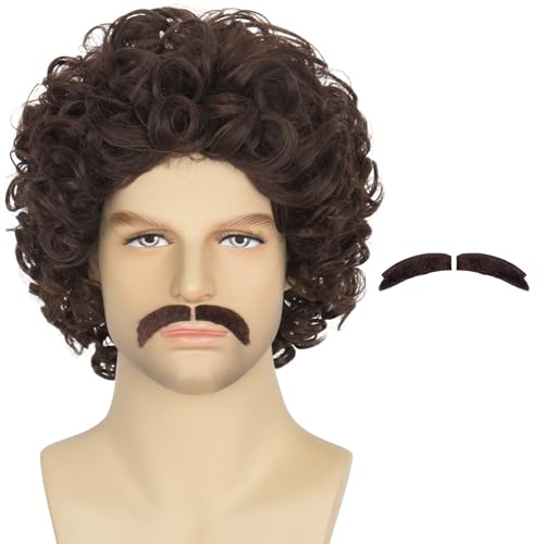 Yan Dream 80s Mens Short Curly Brown Funny Wig with Fake Mustache for Cosplay Halloween Costume