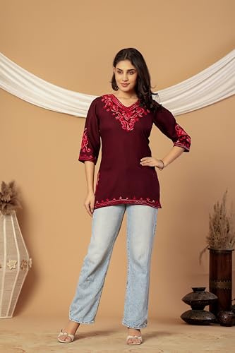 Image of Rayon Kashmiri Embroidered Short Kurti for Women | V-Neck Tunic Top with 3 /4 Sleeves | Floral Design Indo-Western Kurti for Jeans & Leggings