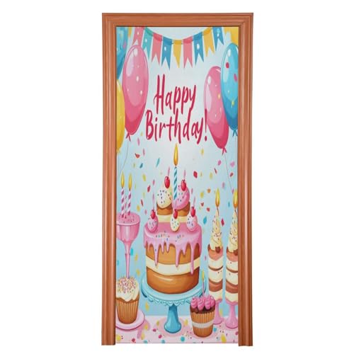 FLildon Birthday Cute Cakes Balloons Door Cover Decoration, Party Accessory Porch Decor for Festive Ornament Room Door Covers 35 x 79 Inch