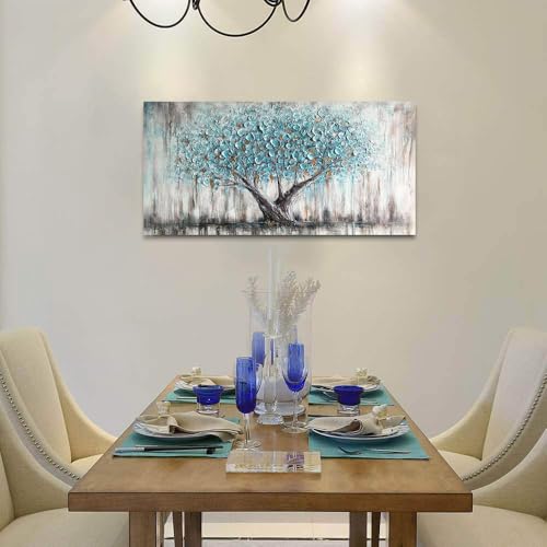 Arjun RART18 Tree Wall Art Teal Blue Nature Tree Of Life Abstract Canvas Painting Textured Picture, Modern Large Panoramic Landscape Artwork Framed For Living Room Bedroom Bathroom Office Home Decor 40 Inchx20 Inch thumb #4