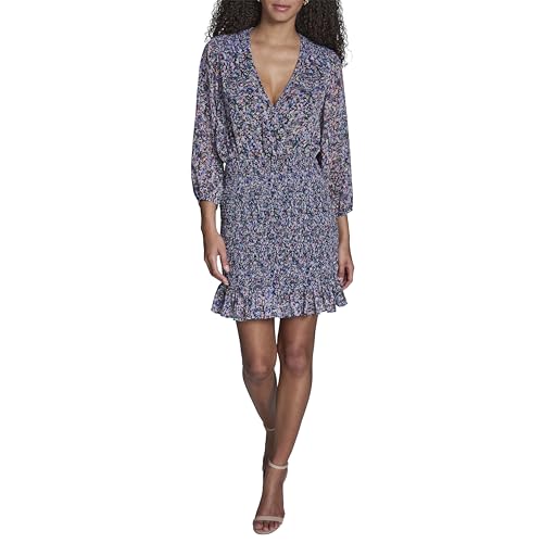 Image of BCBG Women's Long Sleeve V Neck Smocked Chiffon Ruffle Hem Mini Dress