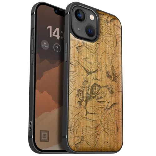 Étui de téléphone antichoc iPhone 13 bois avec gravure féline élégante