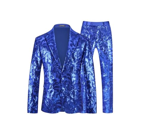 Men Party Sequined Suits Singer Host Dance Party Performance Dress Floral Blazers and Pants Blue XXS