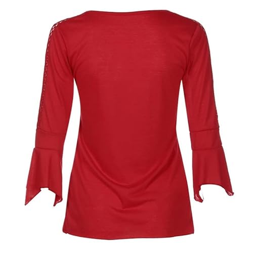 Blusa feminina casual de manga 3/4 com gola canoa e botões Henley com babados, blusa elegante de ver