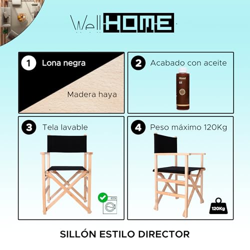 Miniatura 3 de Well Home Mobiliario Decoración Sillon Director Sunset Acabado En Aceite, Lona Negra, 51x46x86 Cm