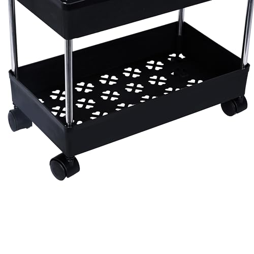 Image of AEXONIZ TOYS Plastic Kitchen Storage Trolley Rack with Wheels, Slide Out Rolling Utility Cart Storage Shelves, Space Saving Home Storage Organizer Racks (Black, 2 Layer)