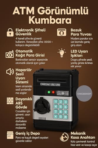 Elektronik Şifreli Banka Kasası Kumbara; Atm Görünümlü, Otomatik Para Çeken, Çocuk Kumbarası