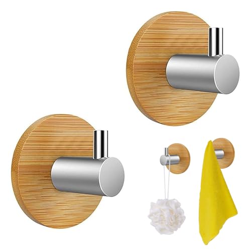 HESUSUSI Gancho de Pared Autoadhesivo Madera de Bambú 2 Piezas Sin Perforación 304 Acero Inoxidable y Bambu para Toallas Ganchos Adhesivos de Bambú Natural para Uso en Baño Dormitorio Cocina