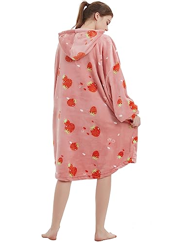 Image of ABENCA Wearable Blanket Hoodie Adult Oversized Sweatshirt Light Flannel Sherpa, Warm and Cozy, One Size Fits All.Strawberry