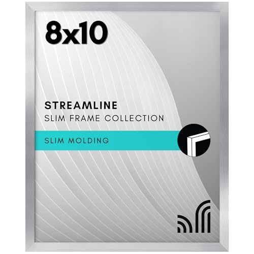 Americanflat 8x10 Picture Frame with Shatter-Resistant Glass - Streamline Collection - Thin Border Picture Frame for Tabletop and Wall Display - Hanging Hardware and Easel Stand Included - Silver