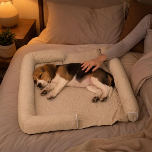 Co-Sleeping Dog Bed for Human Bed, 39 x 33.5 Inch On-Bed Pet Bed for Small and Medium Dogs, Adjustable Removable Side Bolster, Curved Headrest, Washable Cover, Non-Slip Bottom, Cream White by WISDOMRAINBOW - Used condition - Image 8