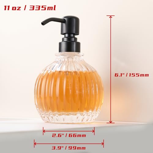 Image of Round Soap Dispenser Bathroom with Black Pump, Glass Pump Bottle with Stainless Steel Pump Liquid Sphere Soap Dispenser Circular Countertop Kitchen