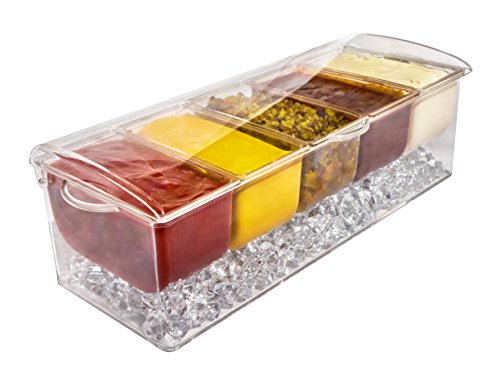 Ice Chilled 5 Compartment Condiment Server Caddy - Serving Tray Container With 5 Removable Dishes With Over 2 Cup Capacity Each And Hinged Lid | 3 Serving Spoons + 3 Tongs Included #TOP6
