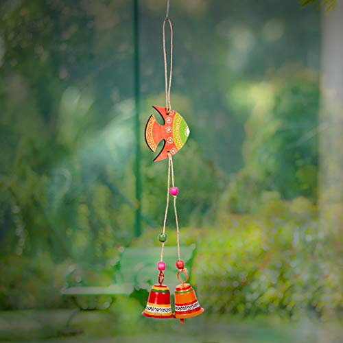Image of Aakriti Art Creations Orange Fish Wind Chime with 2 Metal Bells | Handmade Modern Art Wooden & Metal Wind Chime | Outdoor & Indoor Decorative Wind Chimes for Balcony, Garden, Living Room & Gifting