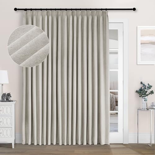 Macochico Extra Wide Velvet Blackout Curtains for Home Theater Stage Cinema Sliding Door Pinch Pleated Chenille Curtains with Hooks for Track Luxury Living Room Curtains Beige 120" Wx96 L 1