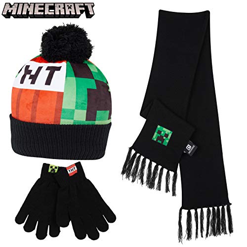 Minecraft Beanie Winter Accessories Set Boys Teens, 3pcs Hat Scarf Gloves | or 2pcs Gloves & Winter Hat, Warm Knit, Boys Gifts