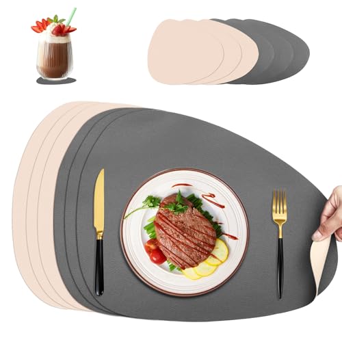 Torven 6er Set Platzsets abwaschbar Oval & Untersetzer, Doppelseitig Tischsets Lederoptik, rutschfeste Platzdeckchen wasserdicht für Küche, Esszimmer- 6X Platzset + 6X Untersetzer (Grau-Beige)