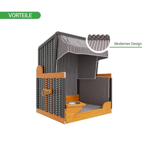 Woodtex Hundestrandkorb Kieferholz |Hundehütte anthrazit inkl. Schützhülle schwenkbarer Wasser-/Futternapf|Sonnenschutz Hunde und Katzen |Rattan Schwarz mit weißen Nadelstreifen
