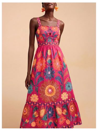 Image of RoseSeek Boho Floral Print Cami Spaghetti Strap Summer Vacation Dresses