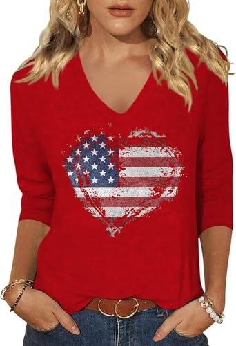 Image of Womens 3 /4 Sleeve V Neck Valentine T Shirts Love Heart Printed Graphic Tee Tops