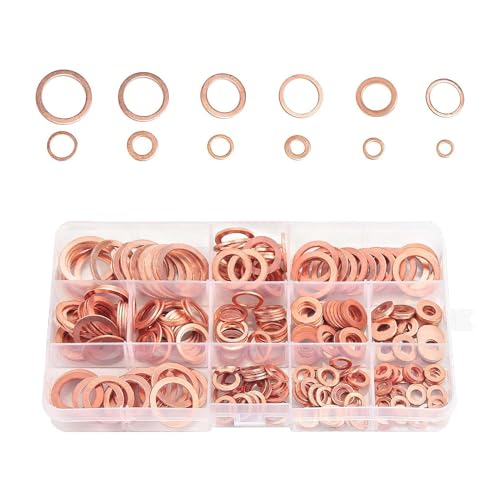 300 PCS Copper Washer Assortment Kit, 12 Sizes Copper Metric Flat Sealing Rings, Co-pper Sealing Rings Assortment Set, M5 M6 M8 M10 M-12 M14 M16 M20, Sump Plug Gasket Crush Washer