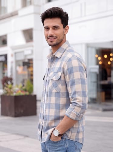 Image of Amazon Brand - INKAST Men's Cotton Blend Button Down Shirt || Long Sleeve Casual Flannel Check Shirt || Soft Breathable Lightweight Collared Shirts with Two Flap Chest Pockets || Stylish Everyday Wear