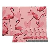 LVTISEE Juego de 6 manteles individuales para mesa de comedor, diseño de flamencos y corazones rosados, resistentes al calor, resistentes a las manchas, lavables, manteles individuales para mesa de