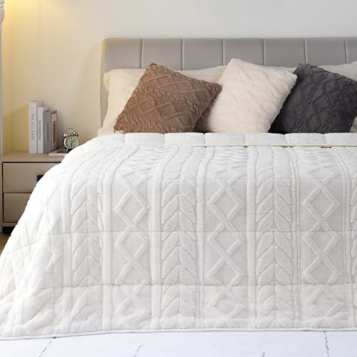 Cottonblue Jacquard Weighted Blanket 15lbs for Adults Queen Size, Ultra Soft Cozy Comfort Sherpa Blanket for Relax and Sleep, Heavy Bed Blankets with Glass Beads, 60x80 Inches, Cream White by Cottonblue - Image 2