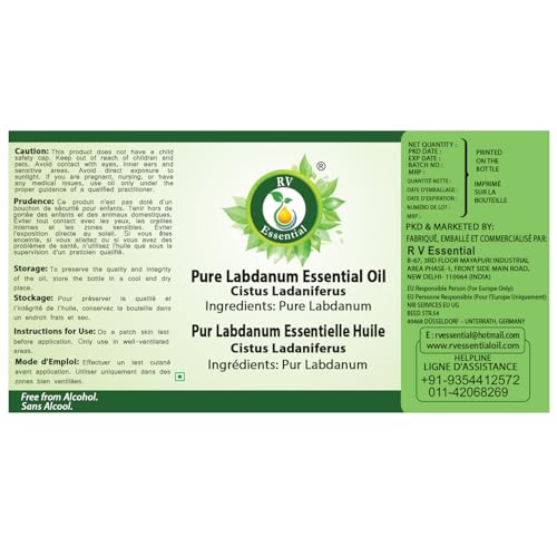 Image of R V Essential Pure Labdanum Essential Oil 100ml- Cistus Ladaniferus (100% Pure and Natural Steam Distilled) For Skin Face Hair Body Nails Scalp Massage Aromatherapy Diffuser Soap Candle Perfume Making
