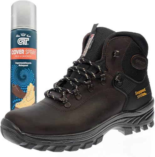 Grisport scarponcini trekking montagna unisex pelle impermeabili Gritex e support system 24201 e spray protettivo (marrone e spray, Sistema Taglie Calzature EU, Adulto, Numero, Media, 44)