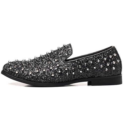 COSIDRAM Men's Vintage Studded Dress Loafers Luxury Rhinestone Tuxedo Glitter Sequins Rivets Wedding Party Prom Shoes2
