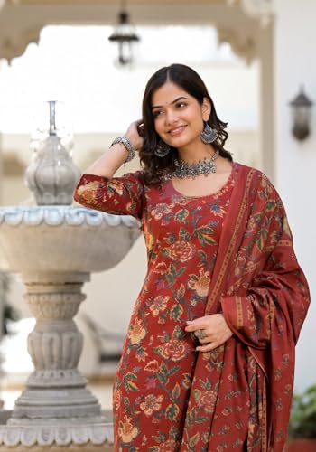 Image of GoSriKi Women's Cotton Blend Printed Straight Kurta with Pant & Dupatta