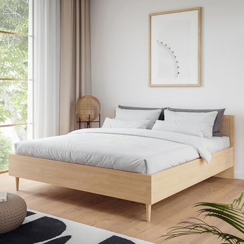 Forte CALASETTA Bettgestell 180 x 200 cm, Boho-Bettgestell, Holzwerkstoff, Elegancia Eiche |Technorattan, 187,4 cm breit x 90 cm hoch x 206 cm tief