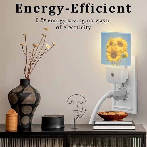 Image of Blooming Sunflowers Night Light Plug into Wall, Summer Blue Sky Sunflower Dusk to Dawn Night Light,0.5w Energy Saving Sleep Friendly Nightlights for Kids Boys Girls Home